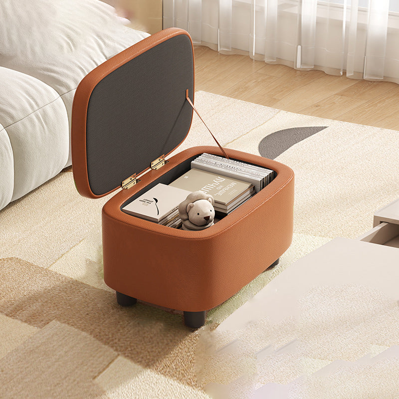 Modern Scandinavian Artificial Leather Rectangular Storage Footstool with Wood Frame and Sponge Cushion – Backless, for Entryway