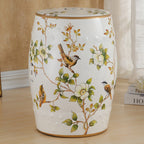 Taburete cilíndrico de cerámica europeo tradicional pintado a mano — Diseño de tambor con aves y flores, sin respaldo, acento para sala de estar