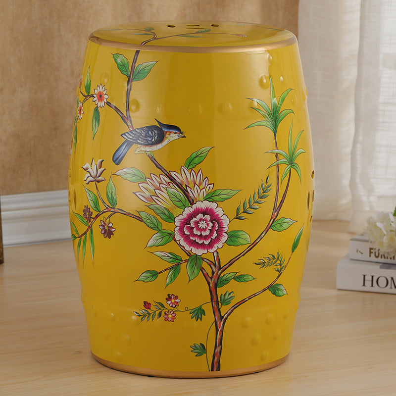 Traditional European Hand-Painted Ceramic Footstool — Bird & Flower Drum Cylinder Design, Backless, Living Room Accent