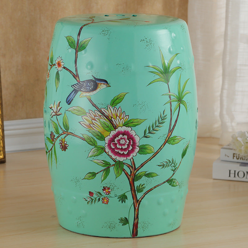 Traditional European Hand-Painted Ceramic Footstool — Bird & Flower Drum Cylinder Design, Backless, Living Room Accent