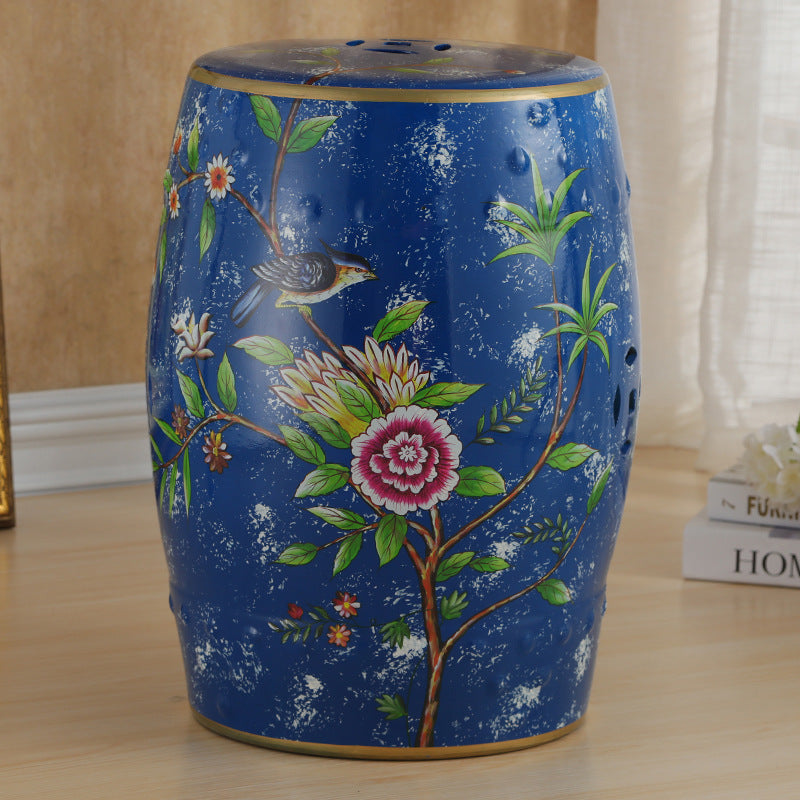 Traditional European Hand-Painted Ceramic Footstool — Bird & Flower Drum Cylinder Design, Backless, Living Room Accent