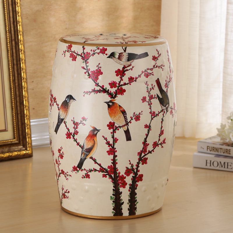 Traditional European Hand-Painted Ceramic Footstool — Bird & Flower Drum Cylinder Design, Backless, Living Room Accent