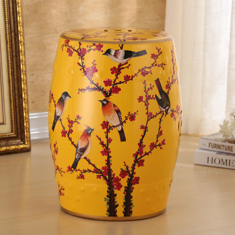 Traditional European Hand-Painted Ceramic Footstool — Bird & Flower Drum Cylinder Design, Backless, Living Room Accent