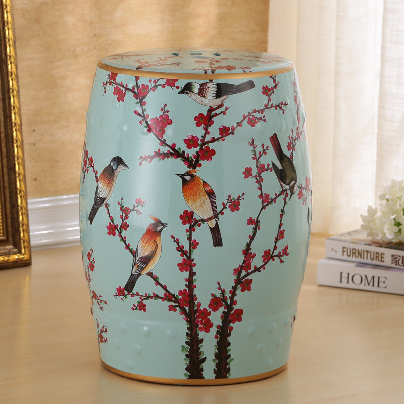 Traditional European Hand-Painted Ceramic Footstool — Bird & Flower Drum Cylinder Design, Backless, Living Room Accent