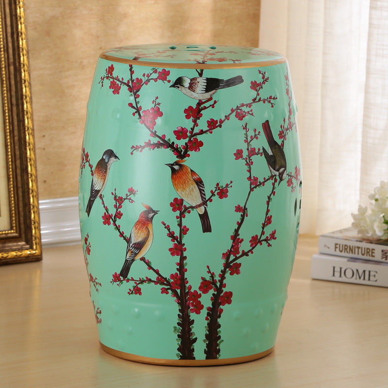 Traditional European Hand-Painted Ceramic Footstool — Bird & Flower Drum Cylinder Design, Backless, Living Room Accent