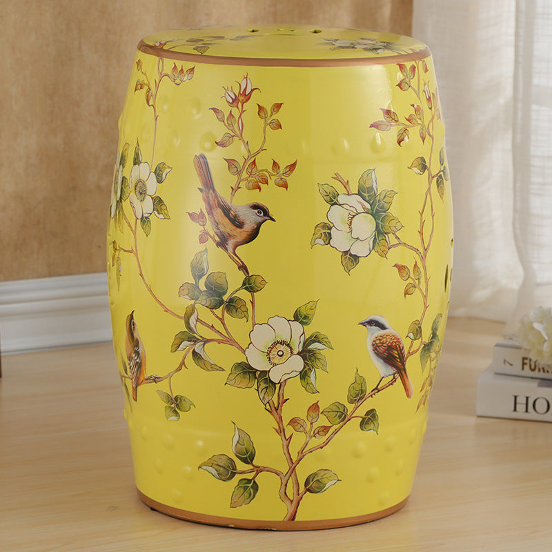 Traditional European Hand-Painted Ceramic Footstool — Bird & Flower Drum Cylinder Design, Backless, Living Room Accent