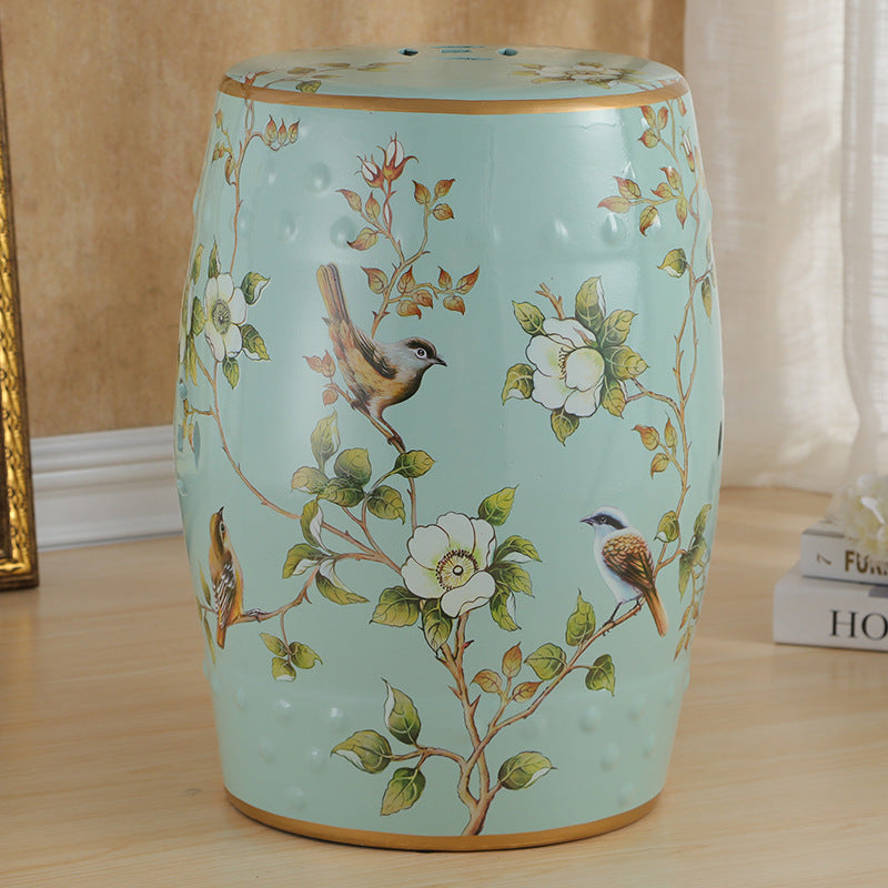 Traditional European Hand-Painted Ceramic Footstool — Bird & Flower Drum Cylinder Design, Backless, Living Room Accent