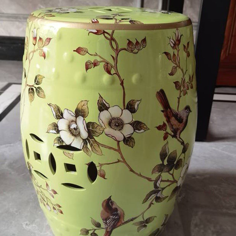Traditional European Hand-Painted Ceramic Footstool — Bird & Flower Drum Cylinder Design, Backless, Living Room Accent