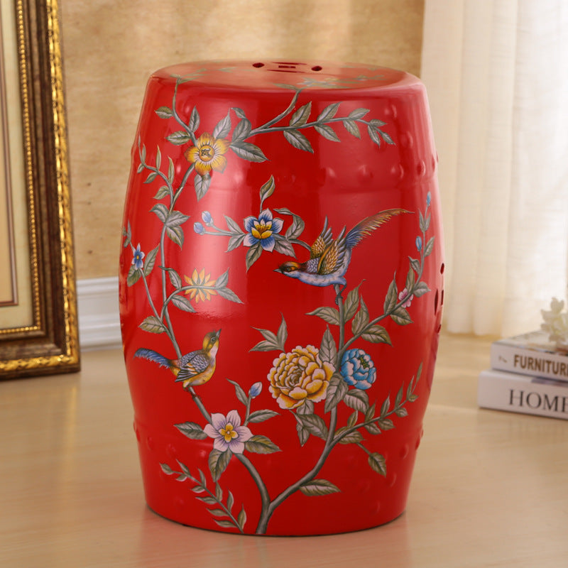 Traditional European Hand-Painted Ceramic Footstool — Bird & Flower Drum Cylinder Design, Backless, Living Room Accent