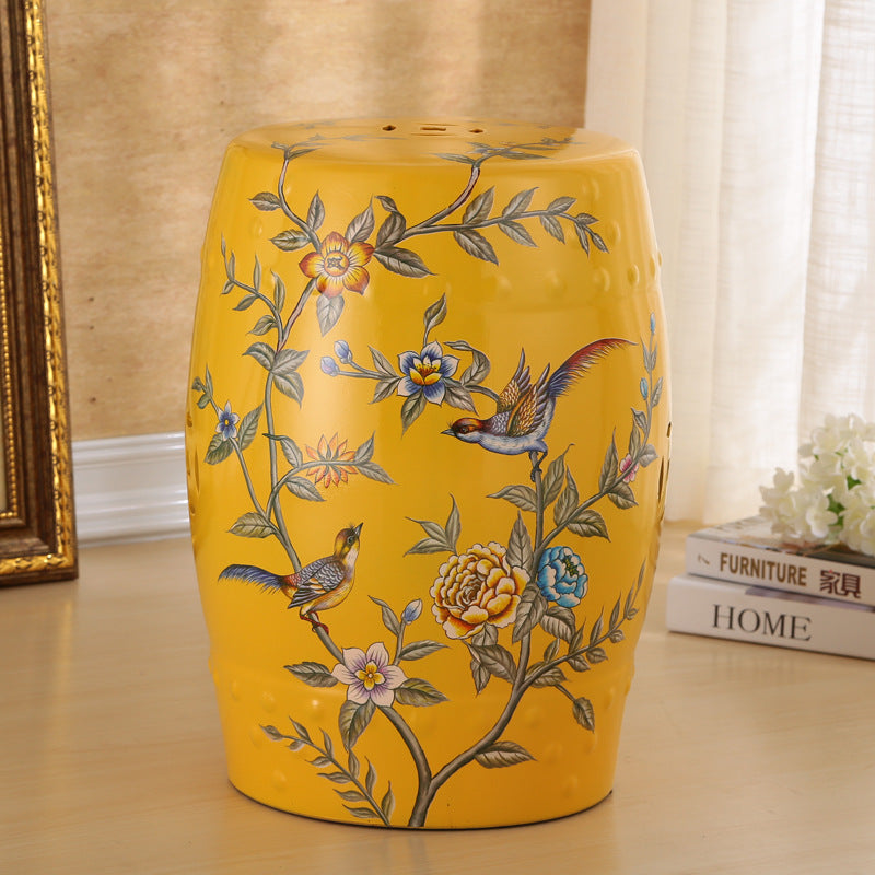 Traditional European Hand-Painted Ceramic Footstool — Bird & Flower Drum Cylinder Design, Backless, Living Room Accent