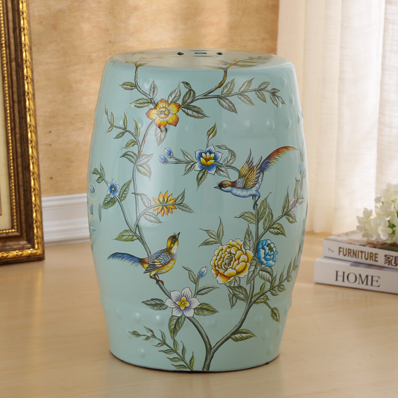 Traditional European Hand-Painted Ceramic Footstool — Bird & Flower Drum Cylinder Design, Backless, Living Room Accent