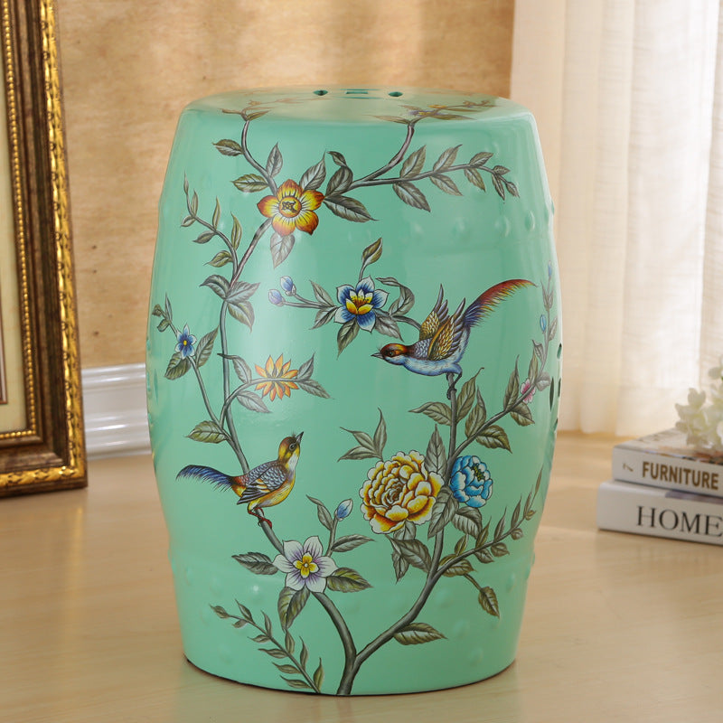 Traditional European Hand-Painted Ceramic Footstool — Bird & Flower Drum Cylinder Design, Backless, Living Room Accent