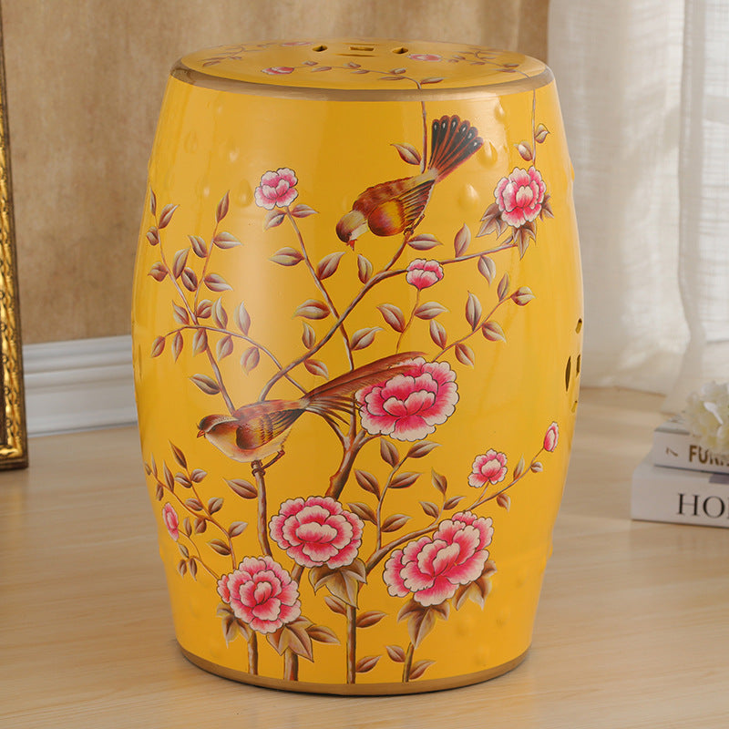 Traditional European Hand-Painted Ceramic Footstool — Bird & Flower Drum Cylinder Design, Backless, Living Room Accent