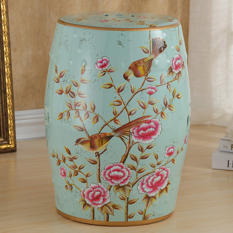 Traditional European Hand-Painted Ceramic Footstool — Bird & Flower Drum Cylinder Design, Backless, Living Room Accent