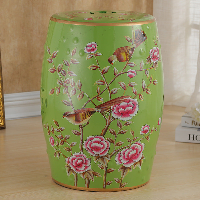 Traditional European Hand-Painted Ceramic Footstool — Bird & Flower Drum Cylinder Design, Backless, Living Room Accent