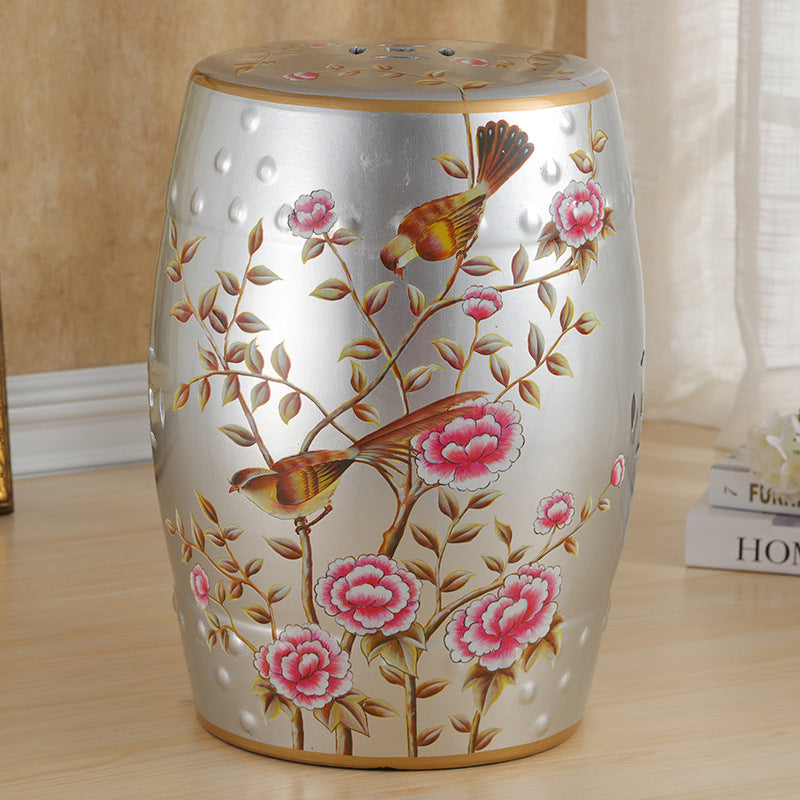 Traditional European Hand-Painted Ceramic Footstool — Bird & Flower Drum Cylinder Design, Backless, Living Room Accent