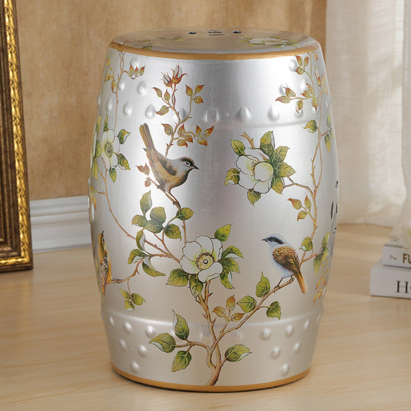Traditional European Hand-Painted Ceramic Footstool — Bird & Flower Drum Cylinder Design, Backless, Living Room Accent