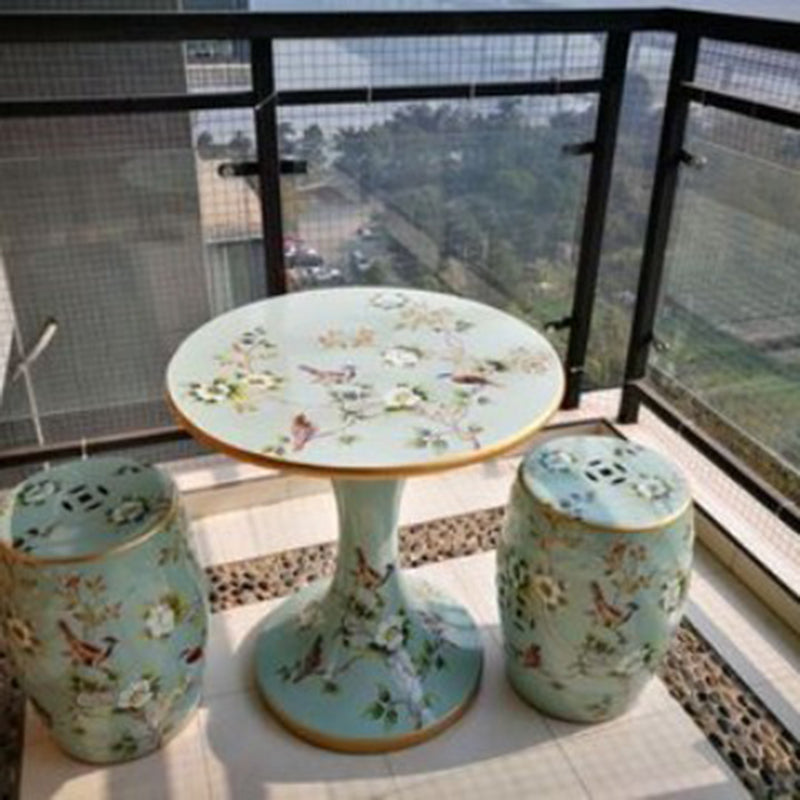 Taburete cilíndrico de cerámica europeo tradicional pintado a mano — Diseño de tambor con aves y flores, sin respaldo, acento para sala de estar