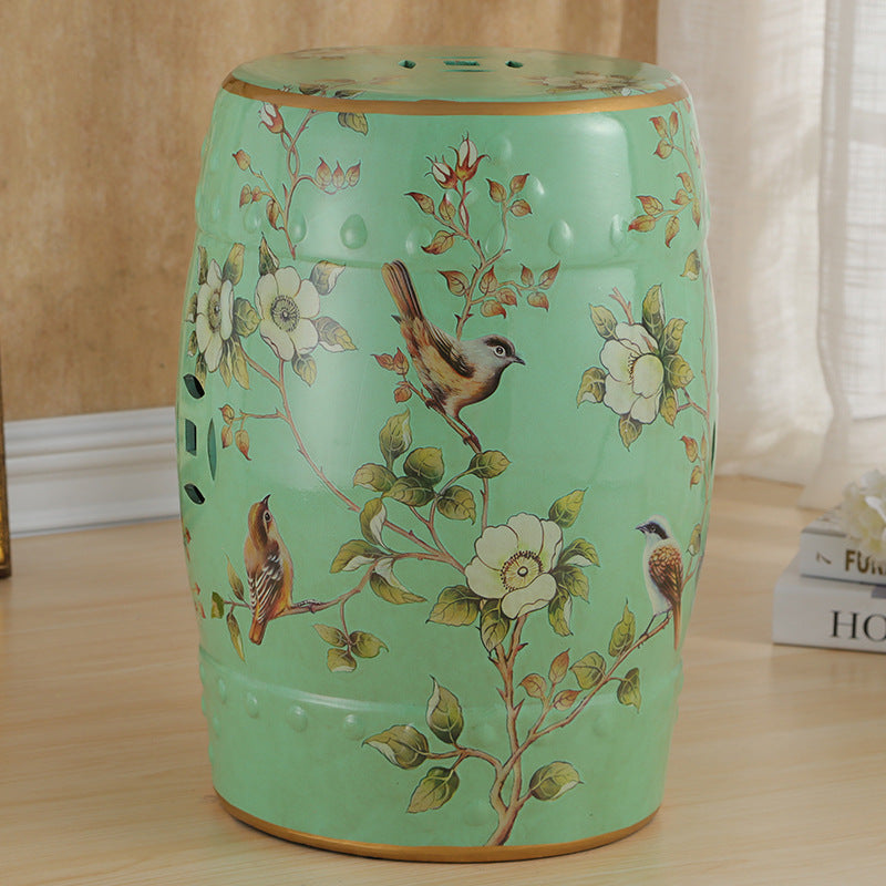 Traditional European Hand-Painted Ceramic Footstool — Bird & Flower Drum Cylinder Design, Backless, Living Room Accent