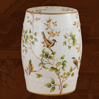 Taburete cilíndrico de cerámica europeo tradicional pintado a mano — Diseño de tambor con aves y flores, sin respaldo, acento para sala de estar