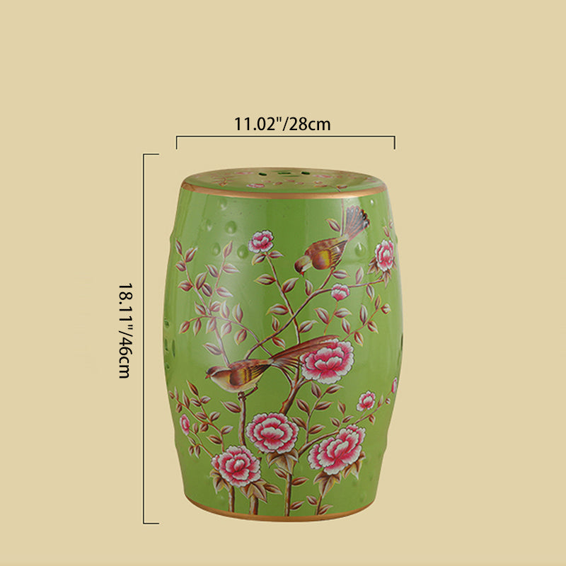 Taburete cilíndrico de cerámica europeo tradicional pintado a mano — Diseño de tambor con aves y flores, sin respaldo, acento para sala de estar