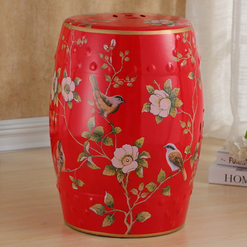 Traditional European Hand-Painted Ceramic Footstool — Bird & Flower Drum Cylinder Design, Backless, Living Room Accent
