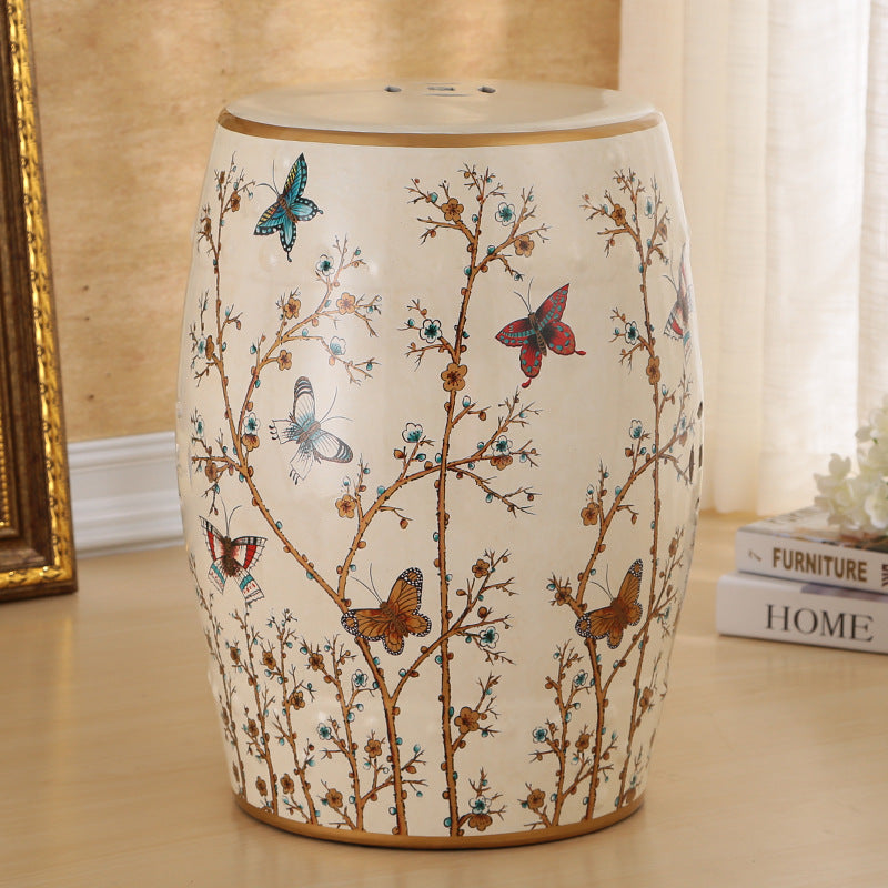 Traditional European Hand-Painted Ceramic Footstool — Bird & Flower Drum Cylinder Design, Backless, Living Room Accent