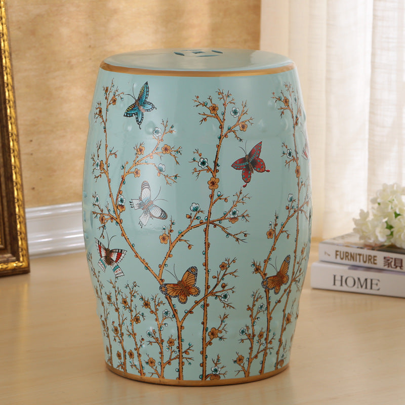 Traditional European Hand-Painted Ceramic Footstool — Bird & Flower Drum Cylinder Design, Backless, Living Room Accent