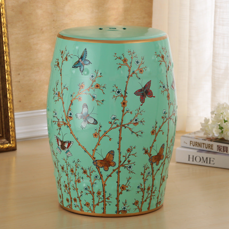 Traditional European Hand-Painted Ceramic Footstool — Bird & Flower Drum Cylinder Design, Backless, Living Room Accent