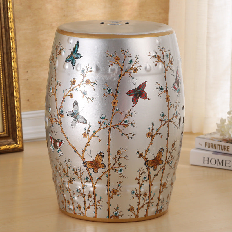 Traditional European Hand-Painted Ceramic Footstool — Bird & Flower Drum Cylinder Design, Backless, Living Room Accent