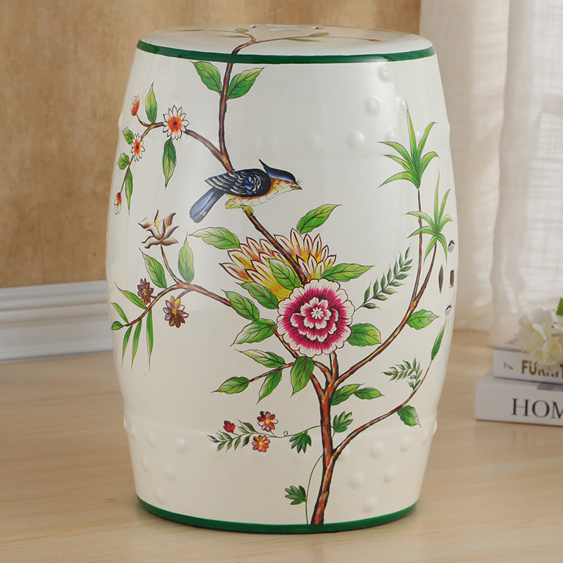 Traditional European Hand-Painted Ceramic Footstool — Bird & Flower Drum Cylinder Design, Backless, Living Room Accent