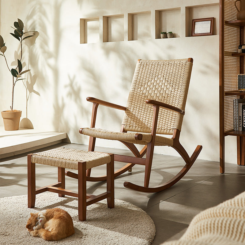 Traditional Japanese Weaving Ash Wood & Rattan Rectangular Rocking Chair with Recliner, Armrest, and Footstool for Living Room