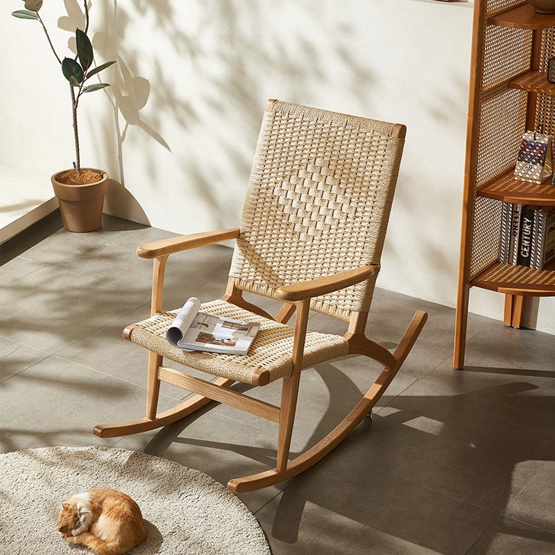 Traditional Japanese Weaving Ash Wood & Rattan Rectangular Rocking Chair with Recliner, Armrest, and Footstool for Living Room