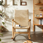 Traditional Japanese Weaving Ash Wood & Rattan Rectangular Rocking Chair with Recliner, Armrest, and Footstool for Living Room