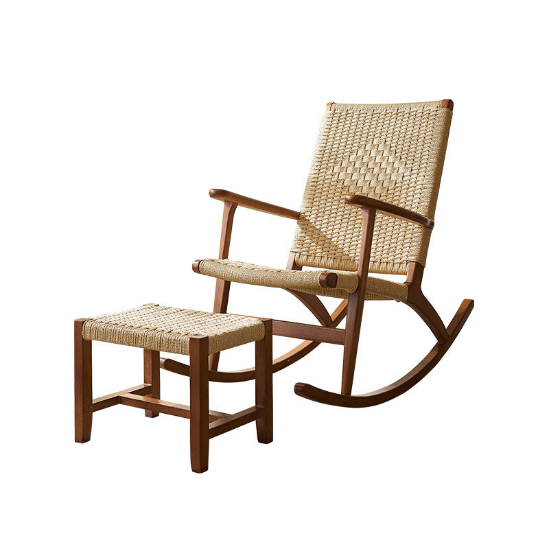 Traditional Japanese Weaving Ash Wood & Rattan Rectangular Rocking Chair with Recliner, Armrest, and Footstool for Living Room