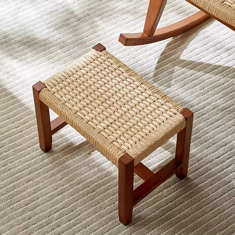 Traditional Japanese Weaving Ash Wood & Rattan Rectangular Rocking Chair with Recliner, Armrest, and Footstool for Living Room