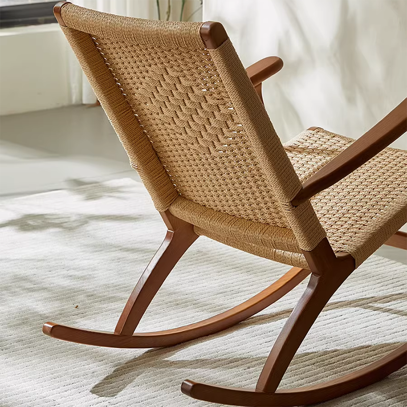 Traditional Japanese Weaving Ash Wood & Rattan Rectangular Rocking Chair with Recliner, Armrest, and Footstool for Living Room