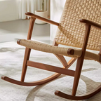 Traditional Japanese Weaving Ash Wood & Rattan Rectangular Rocking Chair with Recliner, Armrest, and Footstool for Living Room