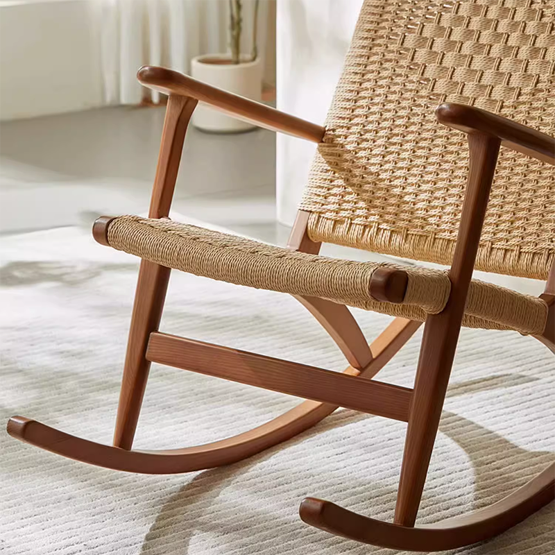 Traditional Japanese Weaving Ash Wood & Rattan Rectangular Rocking Chair with Recliner, Armrest, and Footstool for Living Room