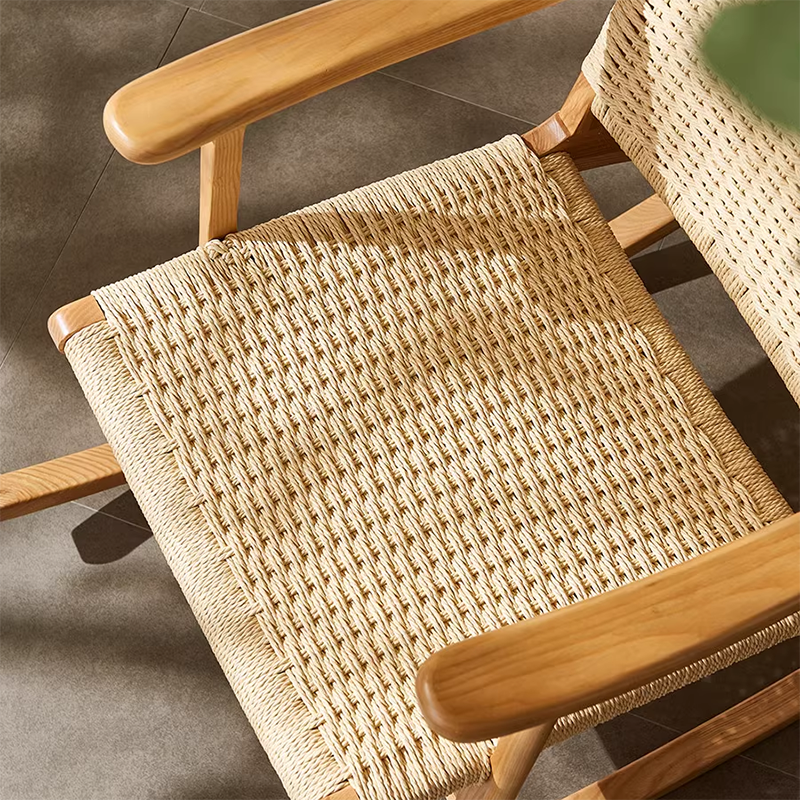 Traditional Japanese Weaving Ash Wood & Rattan Rectangular Rocking Chair with Recliner, Armrest, and Footstool for Living Room