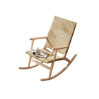 Traditional Japanese Weaving Ash Wood & Rattan Rectangular Rocking Chair with Recliner, Armrest, and Footstool for Living Room