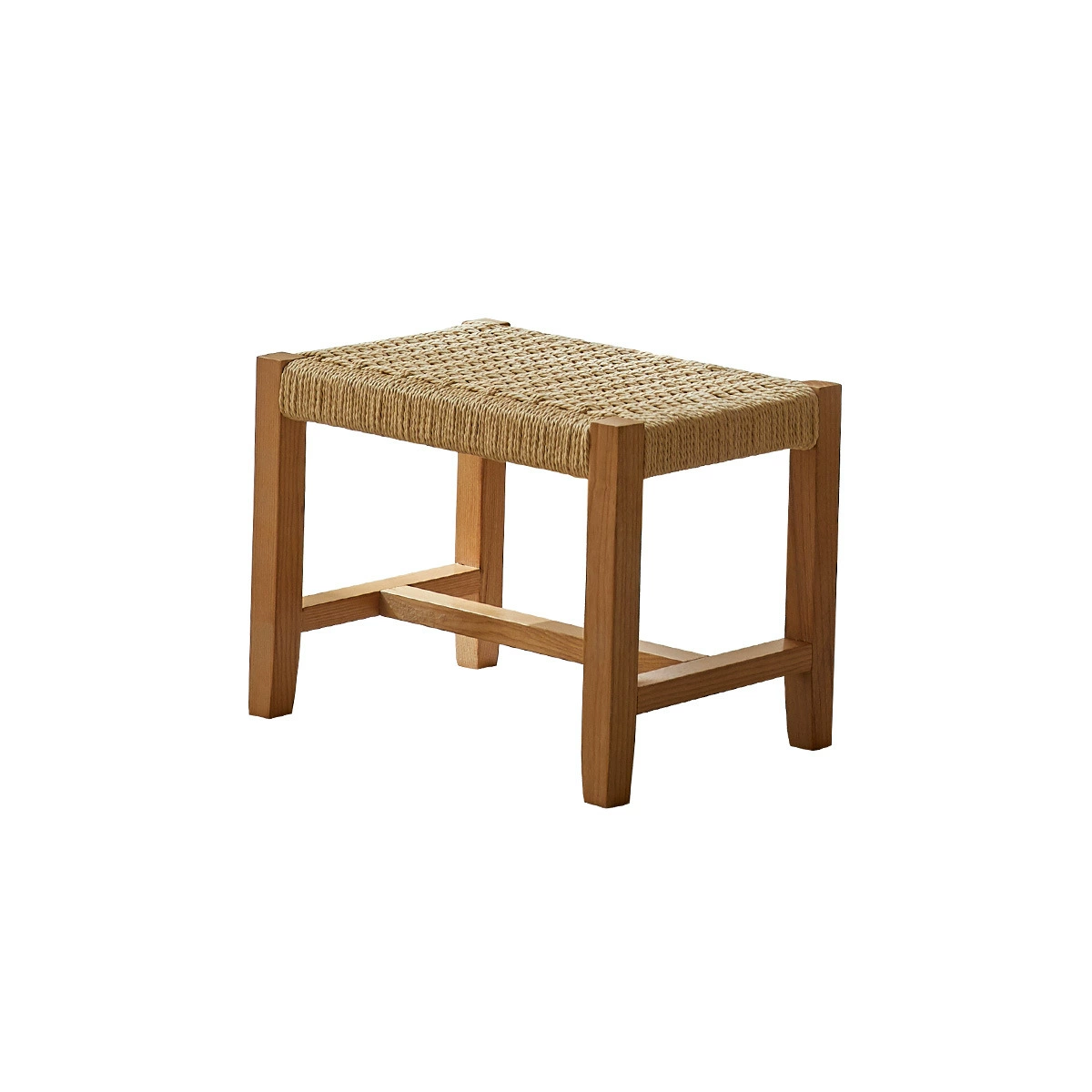 Traditional Japanese Weaving Ash Wood & Rattan Rectangular Rocking Chair with Recliner, Armrest, and Footstool for Living Room