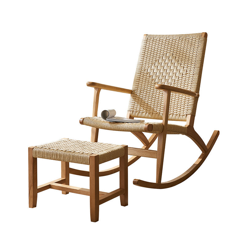 Traditional Japanese Weaving Ash Wood & Rattan Rectangular Rocking Chair with Recliner, Armrest, and Footstool for Living Room