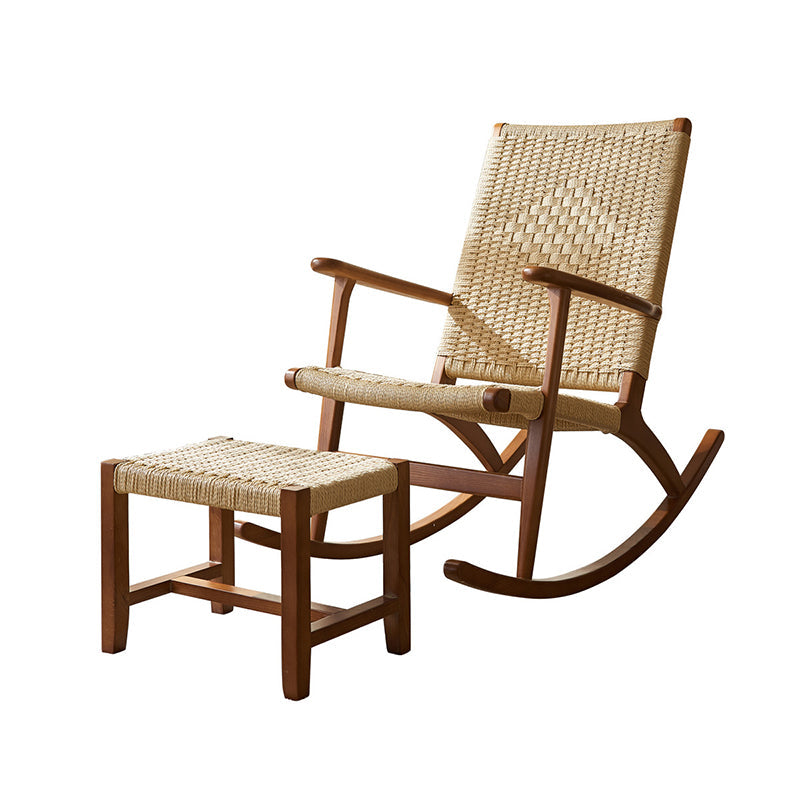 Traditional Japanese Weaving Ash Wood & Rattan Rectangular Rocking Chair with Recliner, Armrest, and Footstool for Living Room
