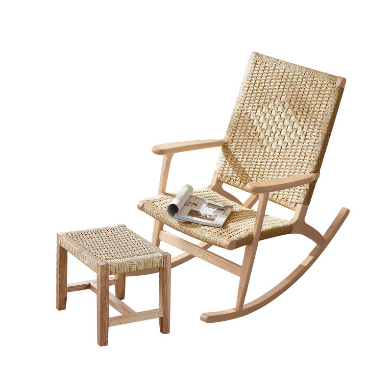 Traditional Japanese Weaving Ash Wood & Rattan Rectangular Rocking Chair with Recliner, Armrest, and Footstool for Living Room