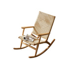 Traditional Japanese Weaving Ash Wood & Rattan Rectangular Rocking Chair with Recliner, Armrest, and Footstool for Living Room