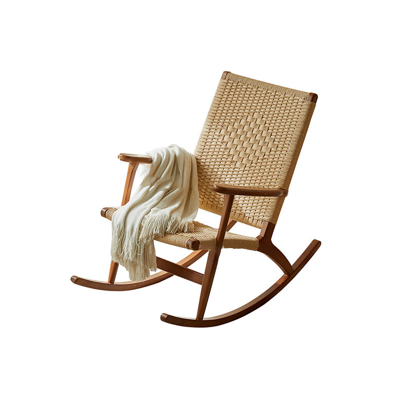 Traditional Japanese Weaving Ash Wood & Rattan Rectangular Rocking Chair with Recliner, Armrest, and Footstool for Living Room