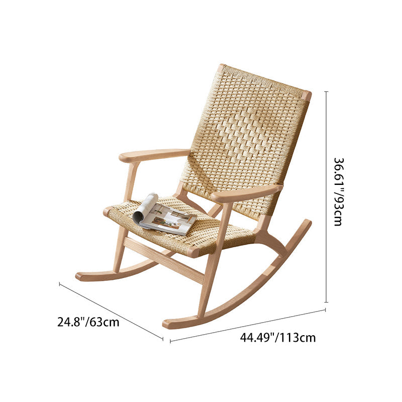 Traditional Japanese Weaving Ash Wood & Rattan Rectangular Rocking Chair with Recliner, Armrest, and Footstool for Living Room