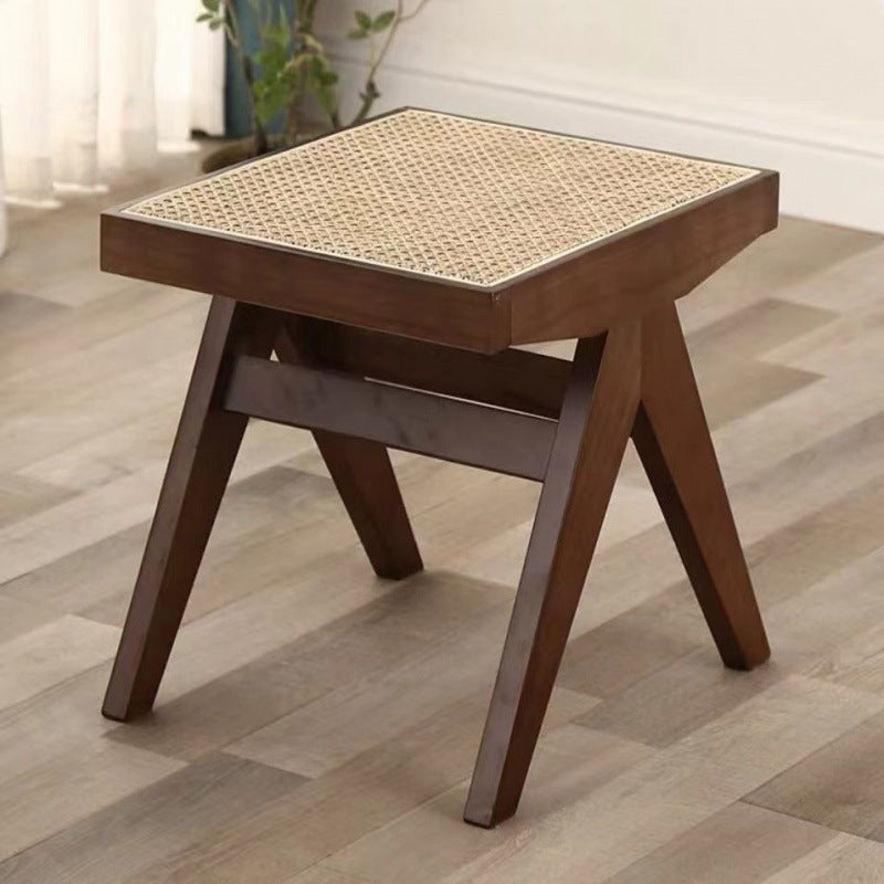 Traditional Japanese Woven Stool in Rubber Wood & Rattan — Low, Backless, Rectangular Dining Room Seat