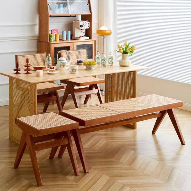 Traditional Japanese Woven Stool in Rubber Wood & Rattan — Low, Backless, Rectangular Dining Room Seat